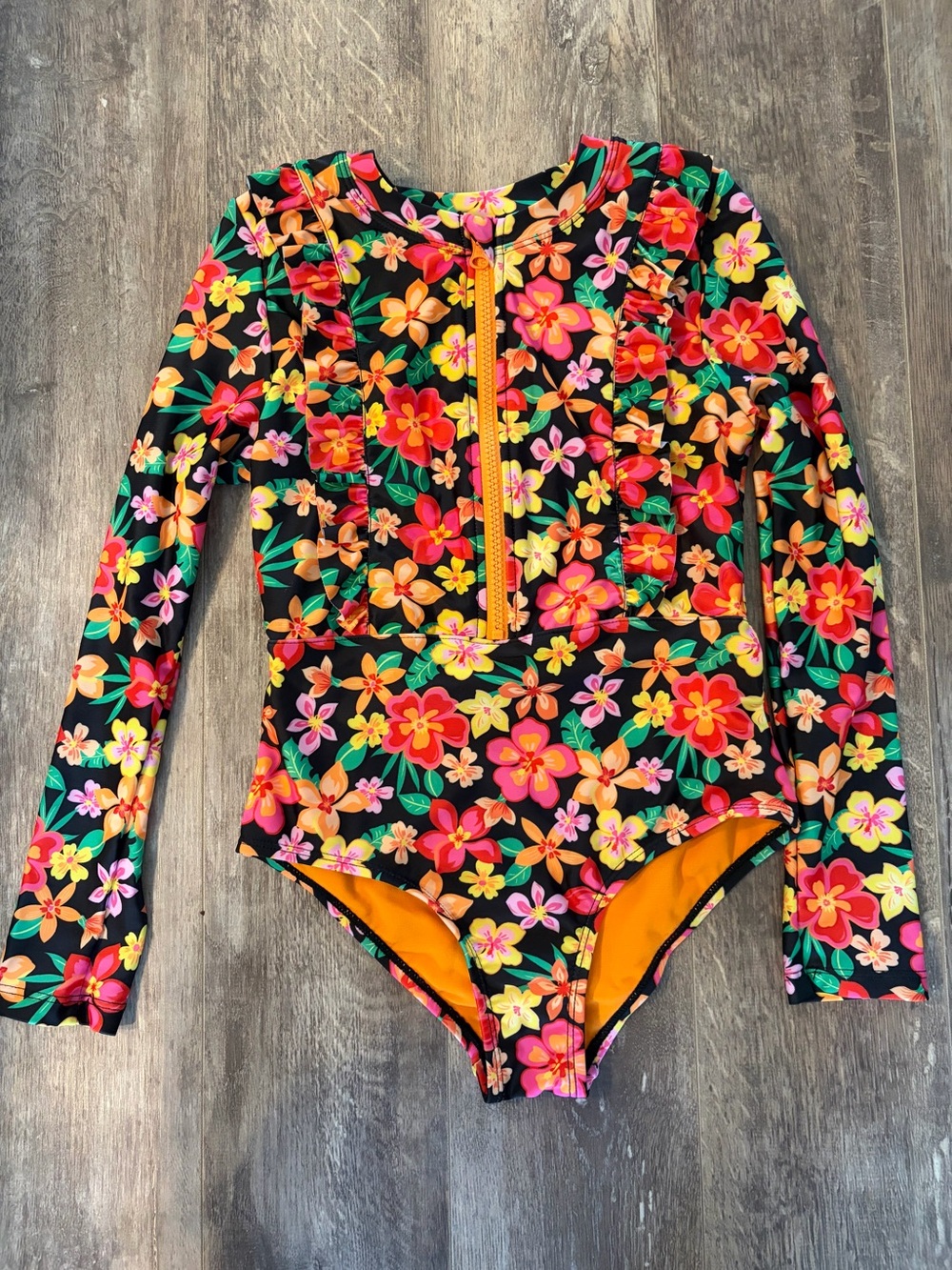 NWOT Long-Sleeve Floral One-Piece Swimsuit in Black with Multi-Color flowers